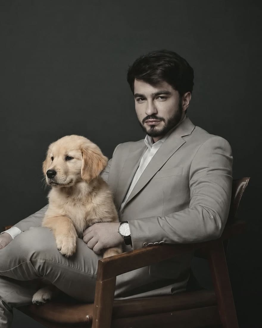 Arlem Oliveira de Carvalho com um filhote de golden retriever no colo